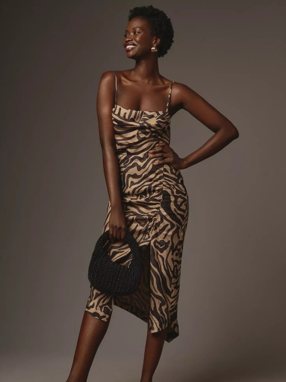 Anthropologie Tan and Black Zebra-Print Slip Midi Dress